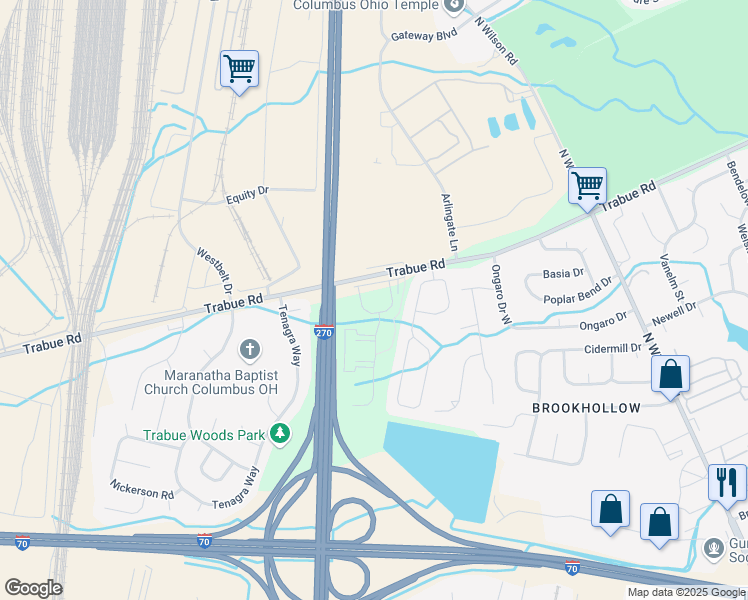 map of restaurants, bars, coffee shops, grocery stores, and more near 4415 Trabue Road in Columbus
