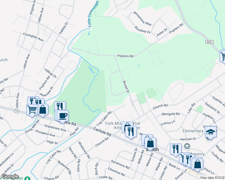 map of restaurants, bars, coffee shops, grocery stores, and more near 2613 Grandview Park Drive in York