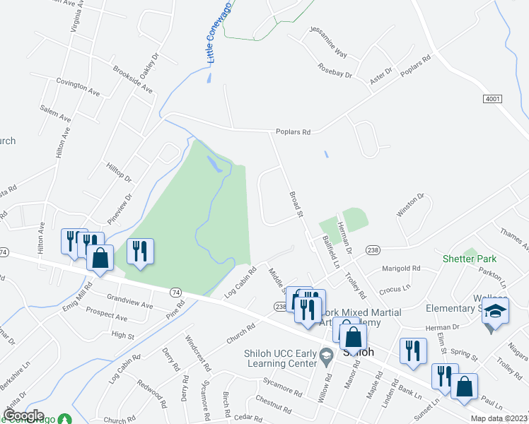 map of restaurants, bars, coffee shops, grocery stores, and more near 2560 Grandview Park Drive in York