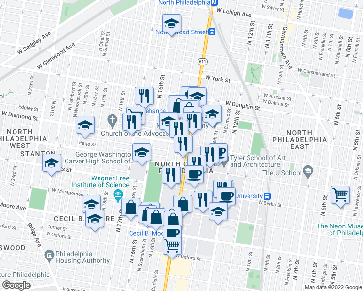 map of restaurants, bars, coffee shops, grocery stores, and more near 1412 W Diamond St in Philadelphia