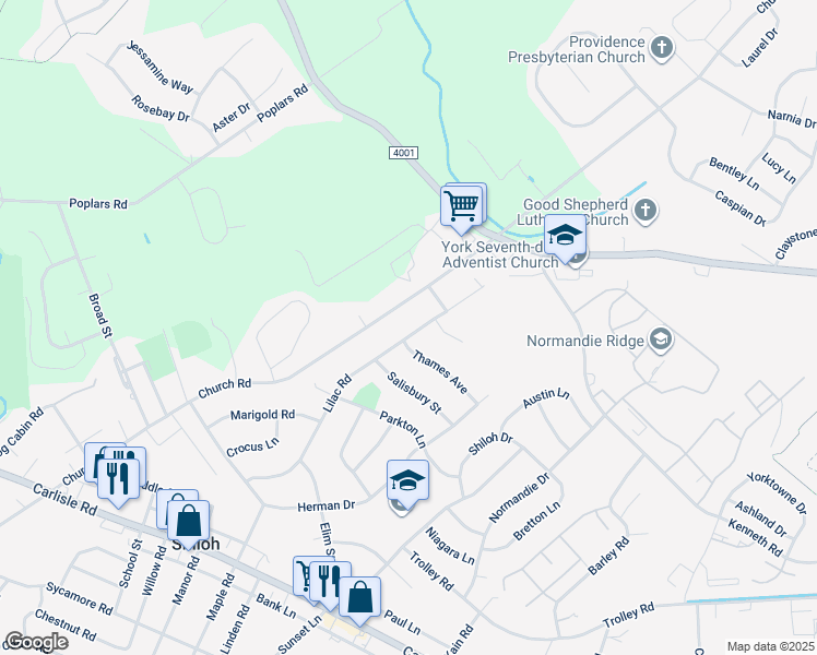 map of restaurants, bars, coffee shops, grocery stores, and more near 1599 Lilac Road in Shiloh