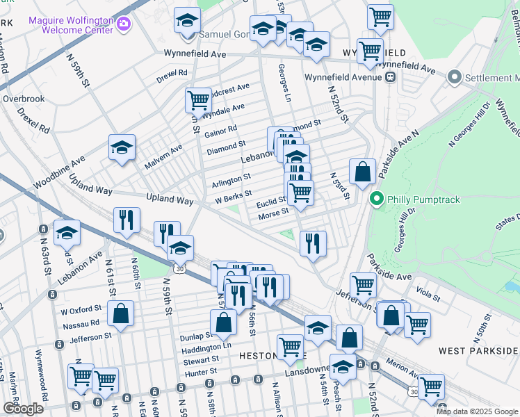 map of restaurants, bars, coffee shops, grocery stores, and more near 5458 Euclid Street in Philadelphia