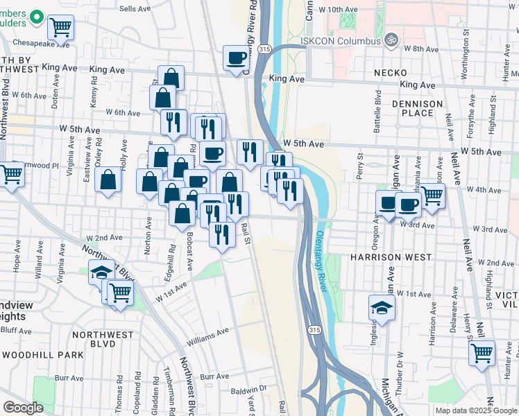 map of restaurants, bars, coffee shops, grocery stores, and more near 720 West 3rd Avenue in Columbus