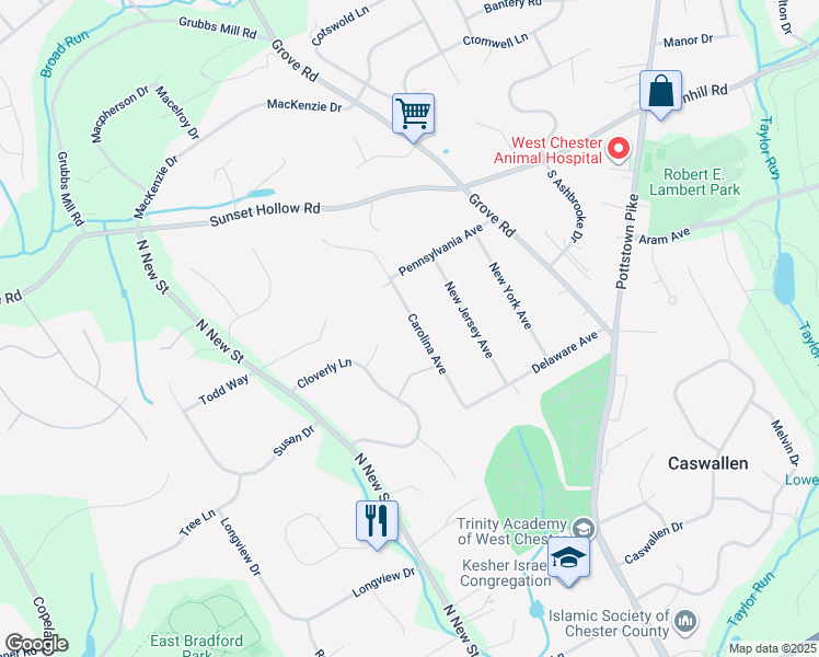 map of restaurants, bars, coffee shops, grocery stores, and more near 1120 Carolina Avenue in West Chester