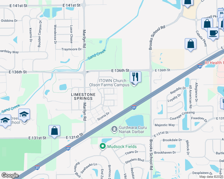 map of restaurants, bars, coffee shops, grocery stores, and more near 12185 Adobe Drive in Fishers