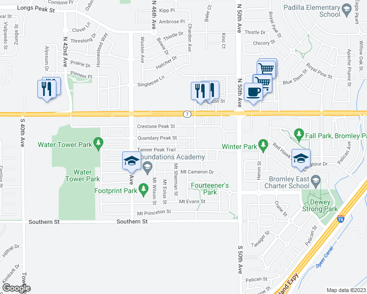 map of restaurants, bars, coffee shops, grocery stores, and more near 4741 Tanner Peak Trail in Brighton