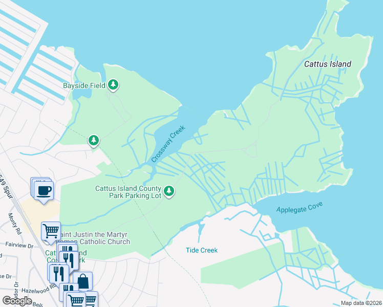 map of restaurants, bars, coffee shops, grocery stores, and more near Cattus Island Road in Toms River