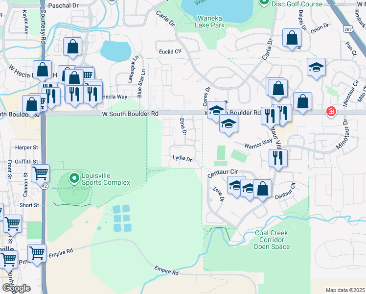 map of restaurants, bars, coffee shops, grocery stores, and more near 1807 Lydia Drive in Lafayette