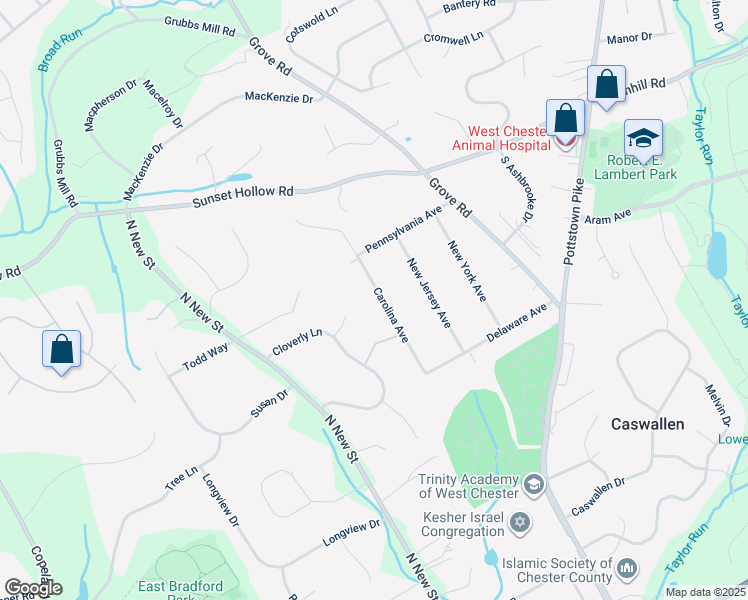 map of restaurants, bars, coffee shops, grocery stores, and more near 1120 Carolina Avenue in West Chester