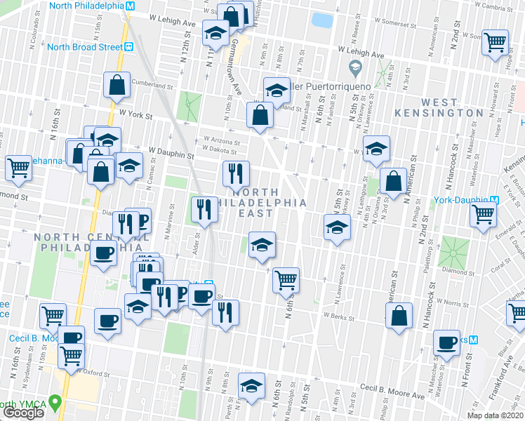 map of restaurants, bars, coffee shops, grocery stores, and more near 2160 North Franklin Street in Philadelphia