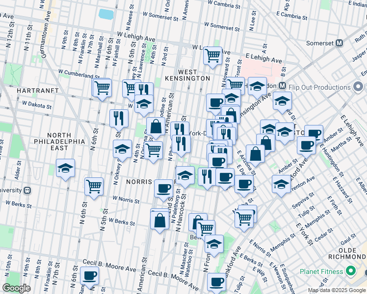 map of restaurants, bars, coffee shops, grocery stores, and more near 2260 North Palethorp Street in Philadelphia