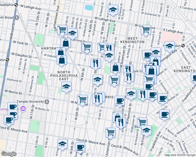 map of restaurants, bars, coffee shops, grocery stores, and more near 2149 North Lawrence Street in Philadelphia