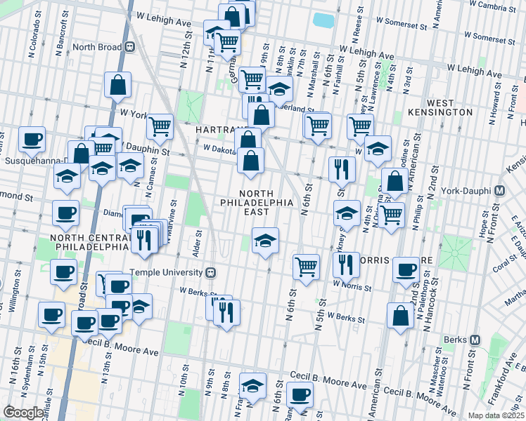map of restaurants, bars, coffee shops, grocery stores, and more near 2160 North Franklin Street in Philadelphia