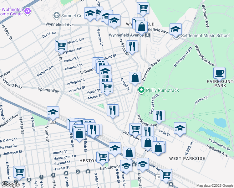 map of restaurants, bars, coffee shops, grocery stores, and more near 5349 West Montgomery Avenue in Philadelphia