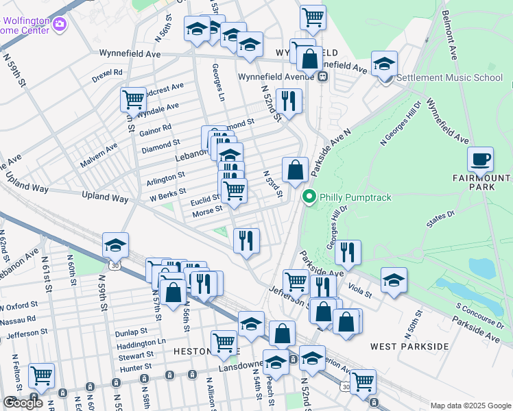 map of restaurants, bars, coffee shops, grocery stores, and more near 5349 West Montgomery Avenue in Philadelphia