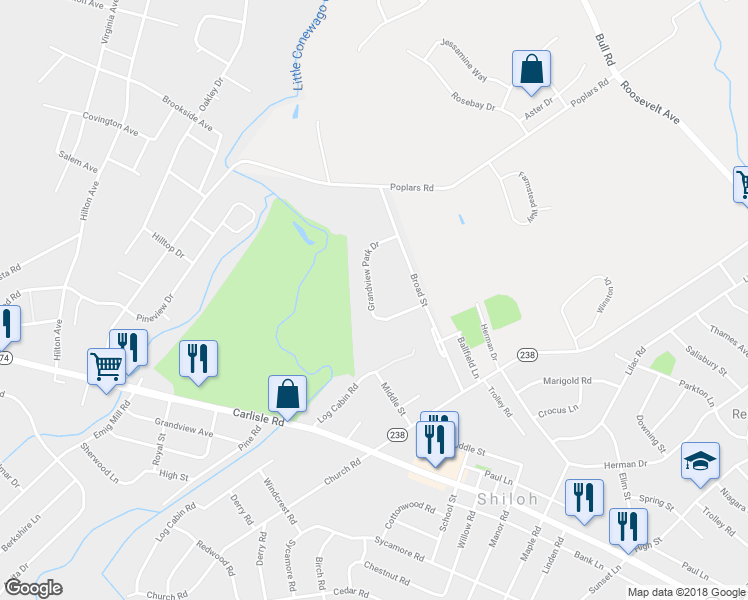 map of restaurants, bars, coffee shops, grocery stores, and more near 2632 Grandview Park Drive in York