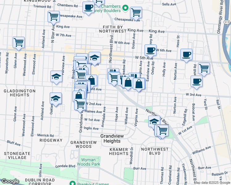 map of restaurants, bars, coffee shops, grocery stores, and more near 1291 West 3rd Avenue in Columbus