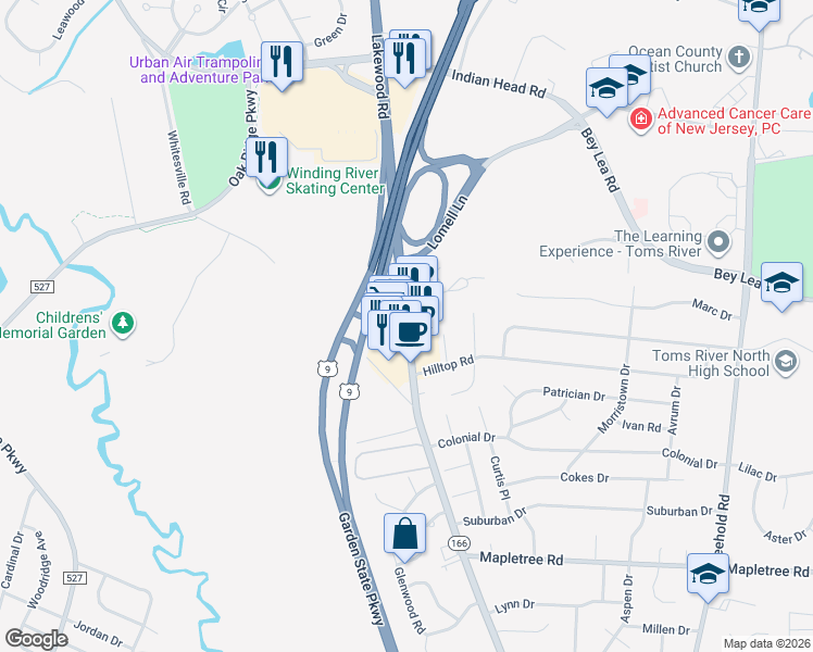 map of restaurants, bars, coffee shops, grocery stores, and more near 1234 New Jersey 166 in Toms River