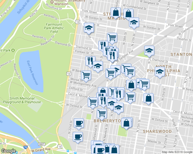 map of restaurants, bars, coffee shops, grocery stores, and more near 3007 Euclid Avenue in Philadelphia