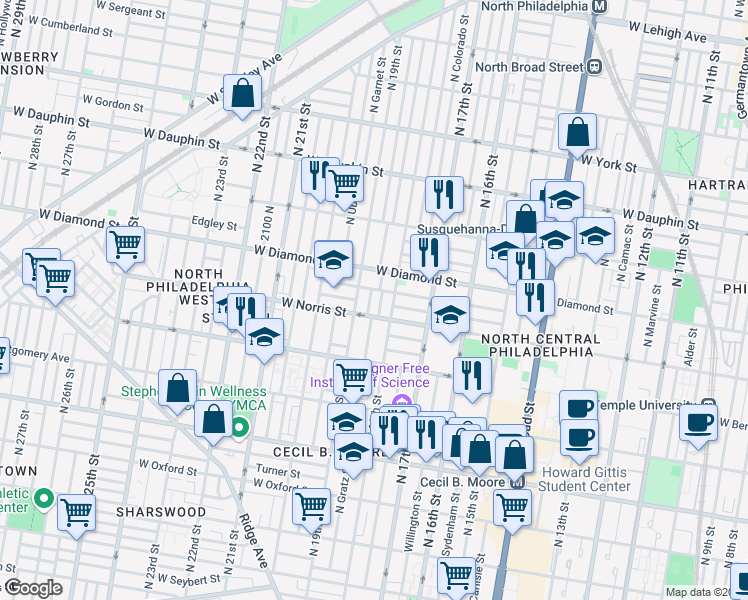 map of restaurants, bars, coffee shops, grocery stores, and more near 2023 North Gratz Street in Philadelphia