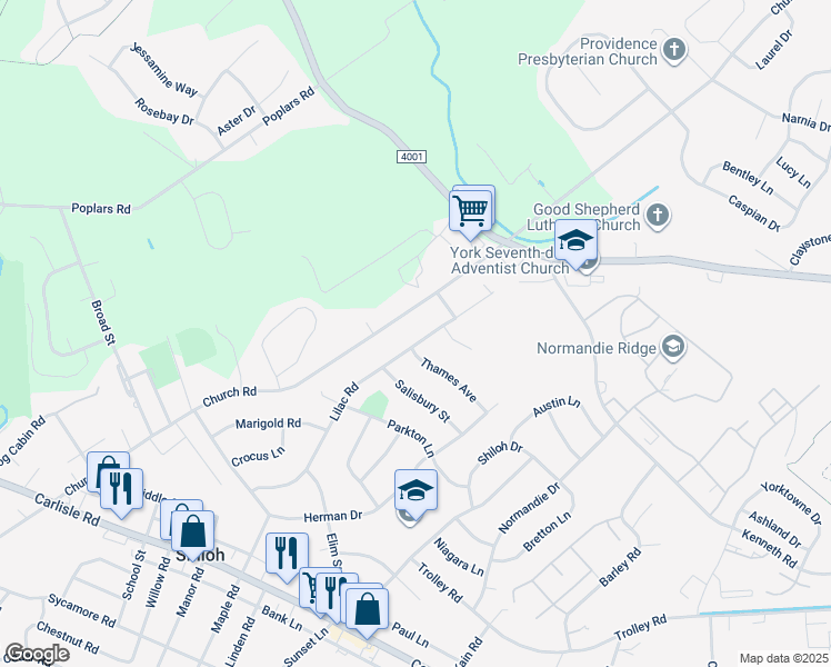 map of restaurants, bars, coffee shops, grocery stores, and more near 1599 Lilac Road in Shiloh
