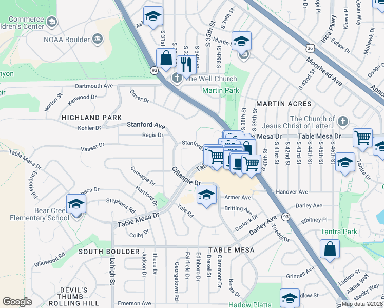 map of restaurants, bars, coffee shops, grocery stores, and more near 3455 Table Mesa Drive in Boulder