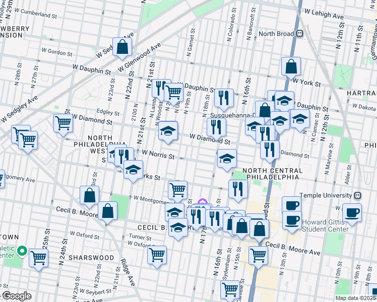 map of restaurants, bars, coffee shops, grocery stores, and more near 2023 North Gratz Street in Philadelphia
