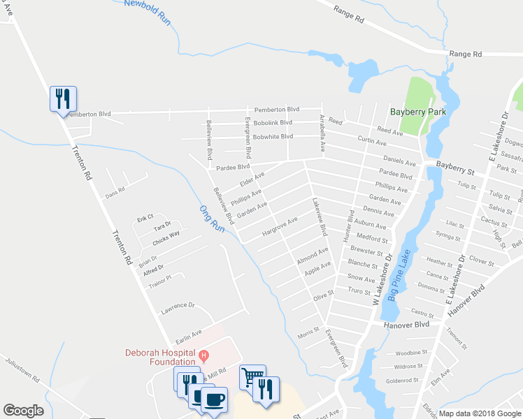 map of restaurants, bars, coffee shops, grocery stores, and more near 411 Garden Avenue in Pemberton Township