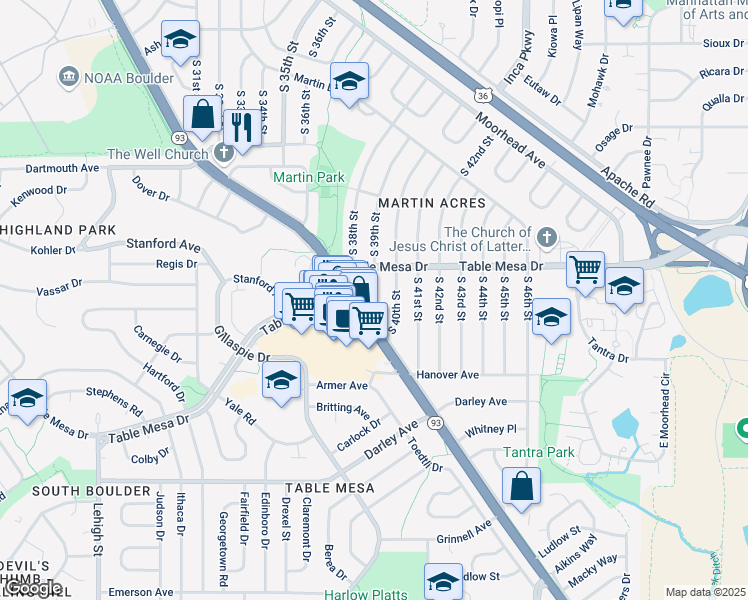 map of restaurants, bars, coffee shops, grocery stores, and more near 629 South Broadway in Boulder