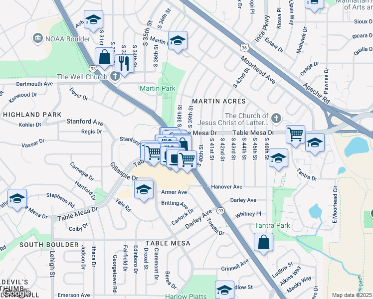 map of restaurants, bars, coffee shops, grocery stores, and more near 629 South Broadway in Boulder