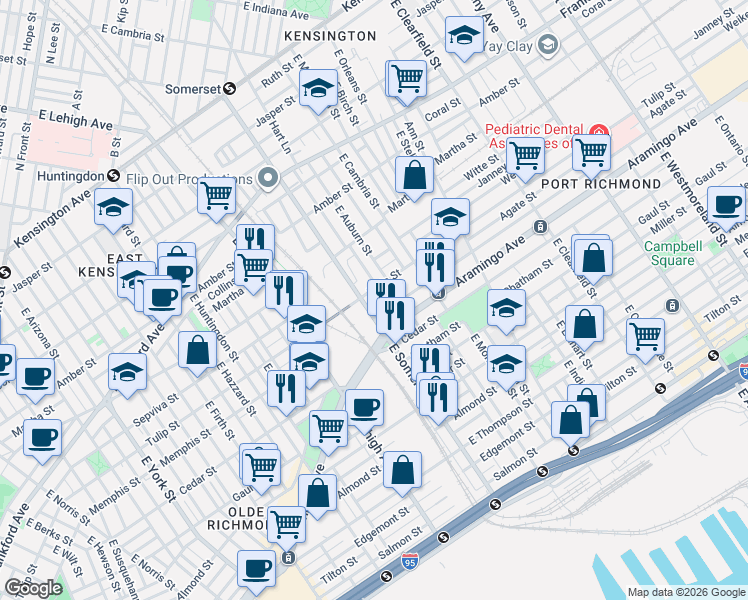 map of restaurants, bars, coffee shops, grocery stores, and more near 2810 Aramingo Avenue in Philadelphia