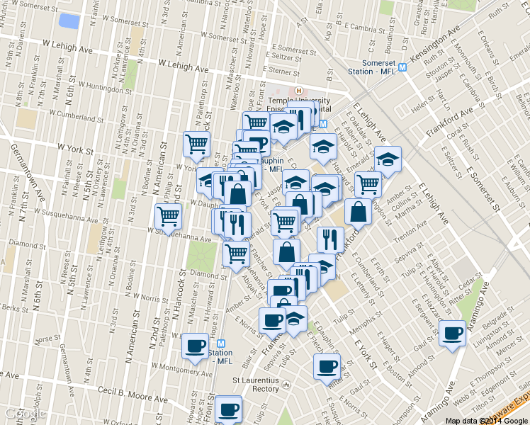 map of restaurants, bars, coffee shops, grocery stores, and more near 2001 East Arizona Street in Philadelphia