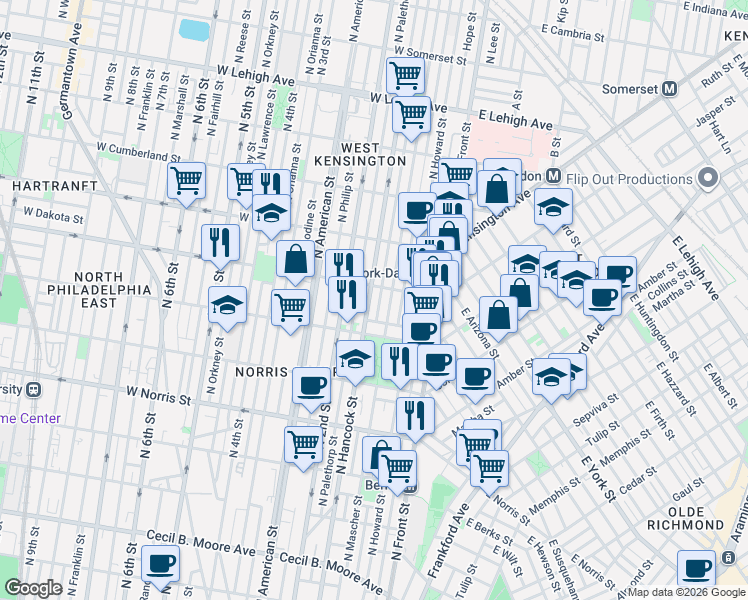 map of restaurants, bars, coffee shops, grocery stores, and more near 2207 North Hancock Street in Philadelphia