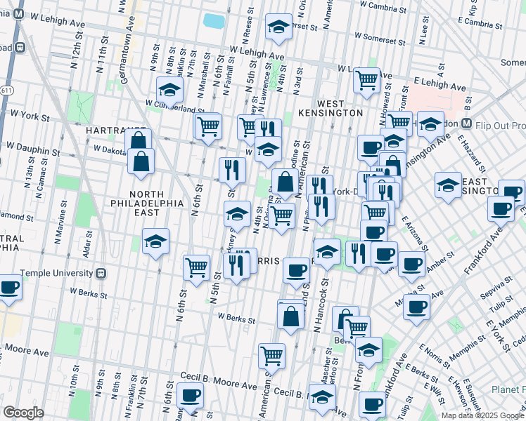 map of restaurants, bars, coffee shops, grocery stores, and more near 310 West Susquehanna Avenue in Philadelphia