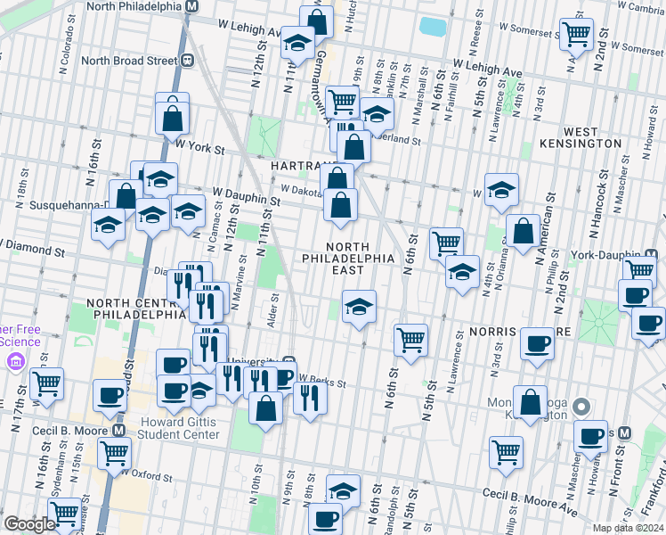 map of restaurants, bars, coffee shops, grocery stores, and more near 2123 North 8th Street in Philadelphia