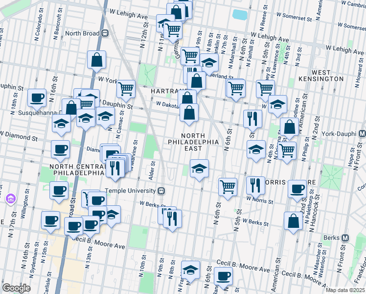 map of restaurants, bars, coffee shops, grocery stores, and more near 2151 North 9th Street in Philadelphia
