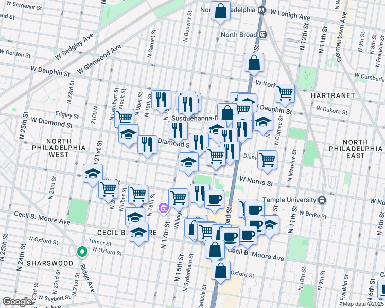 map of restaurants, bars, coffee shops, grocery stores, and more near 1602 Page Street in Philadelphia