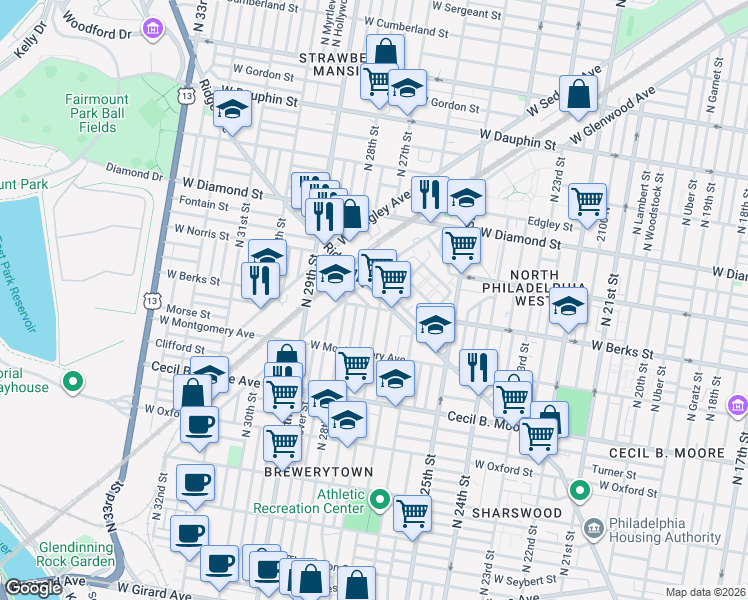 map of restaurants, bars, coffee shops, grocery stores, and more near 1846 North 27th Street in Philadelphia