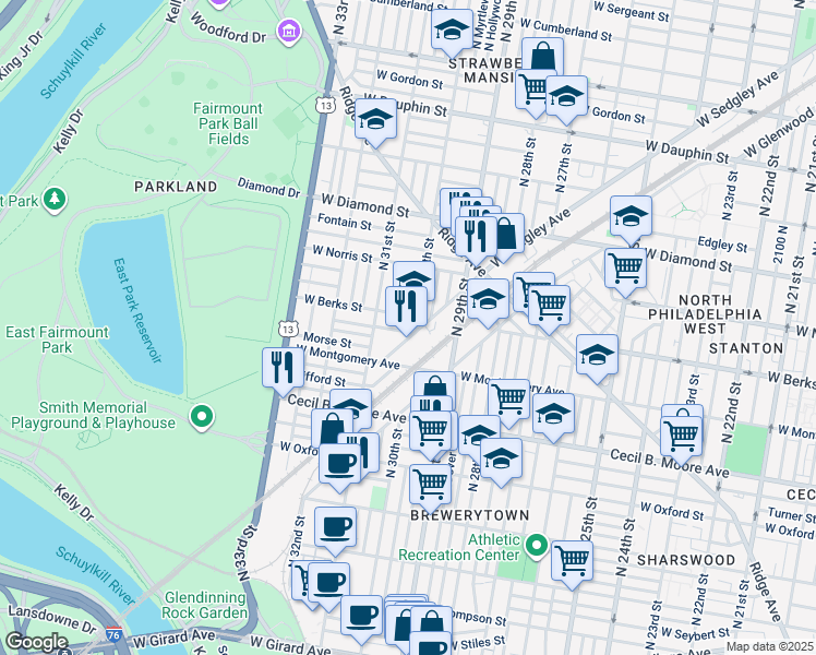 map of restaurants, bars, coffee shops, grocery stores, and more near 3007 Euclid Avenue in Philadelphia