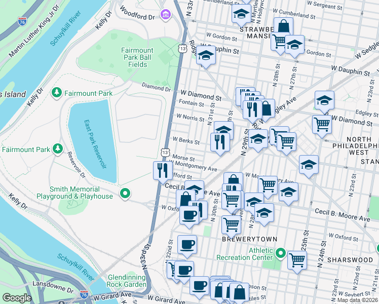 map of restaurants, bars, coffee shops, grocery stores, and more near 3139 West Montgomery Avenue in Philadelphia