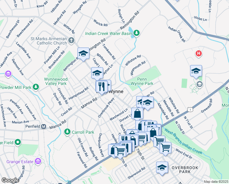 map of restaurants, bars, coffee shops, grocery stores, and more near 125 Haverford Road in Wynnewood