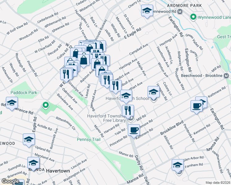 map of restaurants, bars, coffee shops, grocery stores, and more near 1900 Darby Road in Havertown