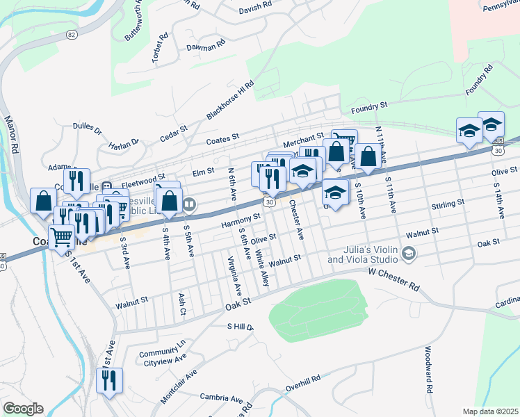 map of restaurants, bars, coffee shops, grocery stores, and more near 24 Pennsylvania Avenue in Coatesville