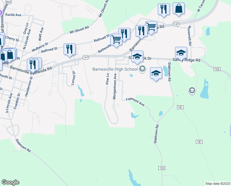 map of restaurants, bars, coffee shops, grocery stores, and more near 501 Morgantown Avenue in Barnesville
