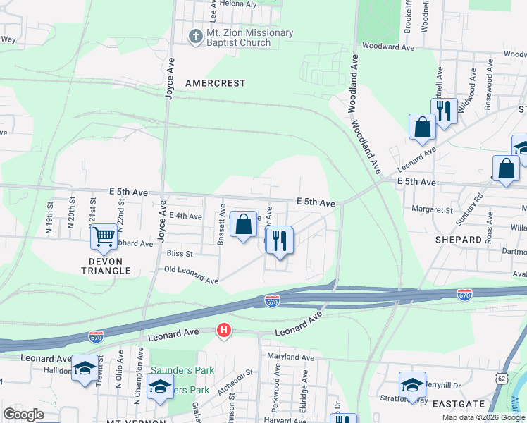 map of restaurants, bars, coffee shops, grocery stores, and more near 833 Taylor Avenue in Columbus