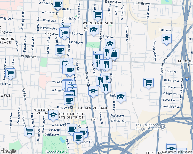 map of restaurants, bars, coffee shops, grocery stores, and more near 194 East 3rd Avenue in Columbus