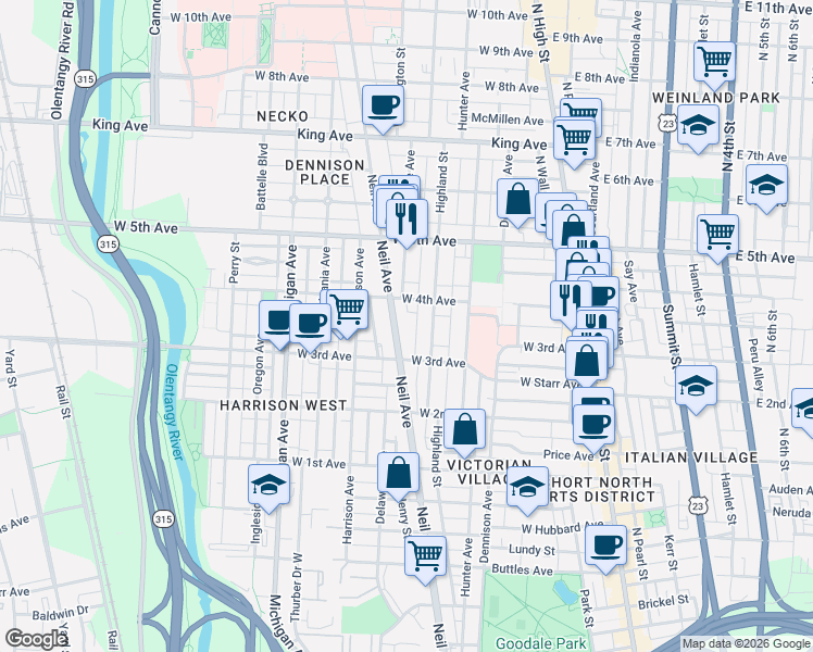 map of restaurants, bars, coffee shops, grocery stores, and more near 1097 Highland Street in Columbus
