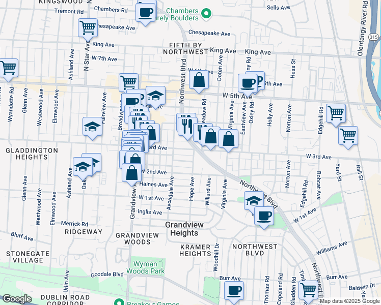 map of restaurants, bars, coffee shops, grocery stores, and more near 1291 West 3rd Avenue in Columbus