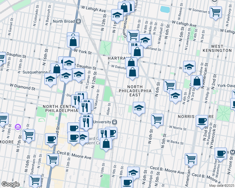 map of restaurants, bars, coffee shops, grocery stores, and more near 937 Edgley Street in Philadelphia
