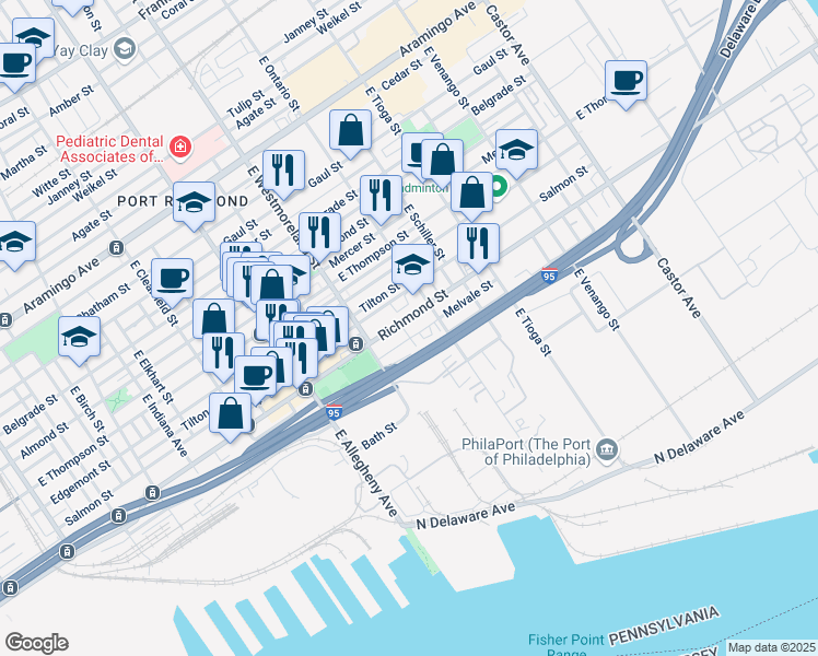 map of restaurants, bars, coffee shops, grocery stores, and more near 3331 Melvale Street in Philadelphia